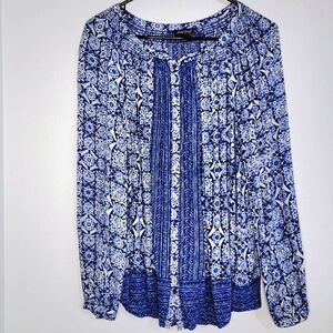 Lucky Brand Blue & White Floral Button Up Lightweight Blouse. Size L